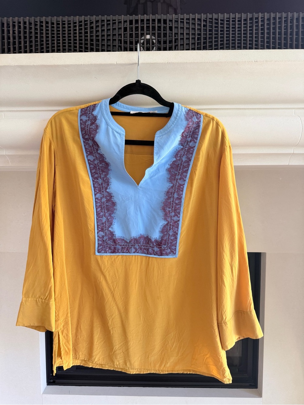 Tory Burch Mustard Yellow Tunic with Light Blue Embroidered Yoke